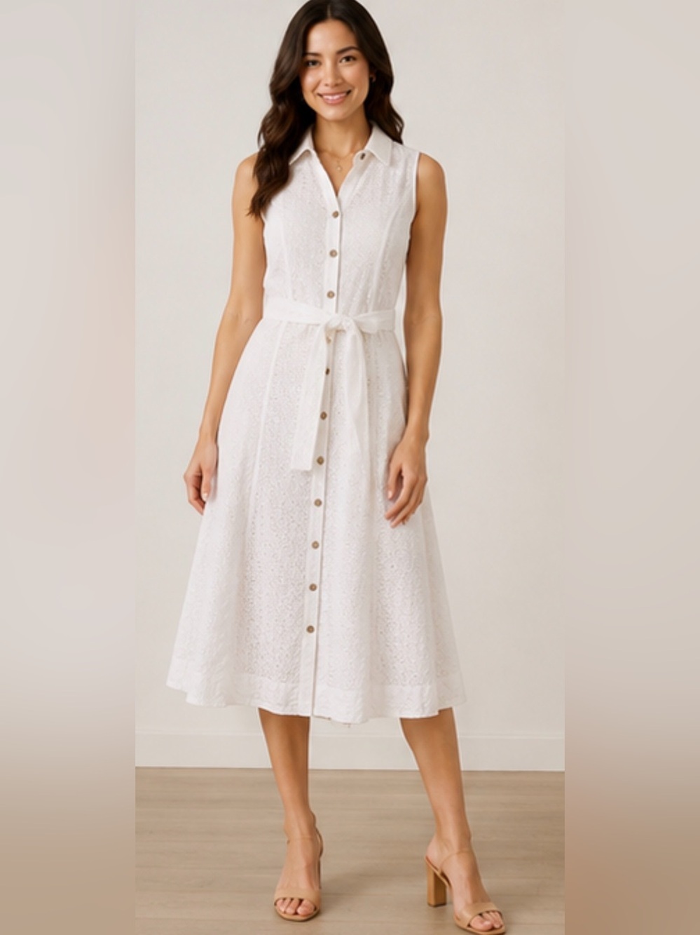 Anne Klein White Eyelet Button Front Midi Dress Size 6 Belted Cotton Summer